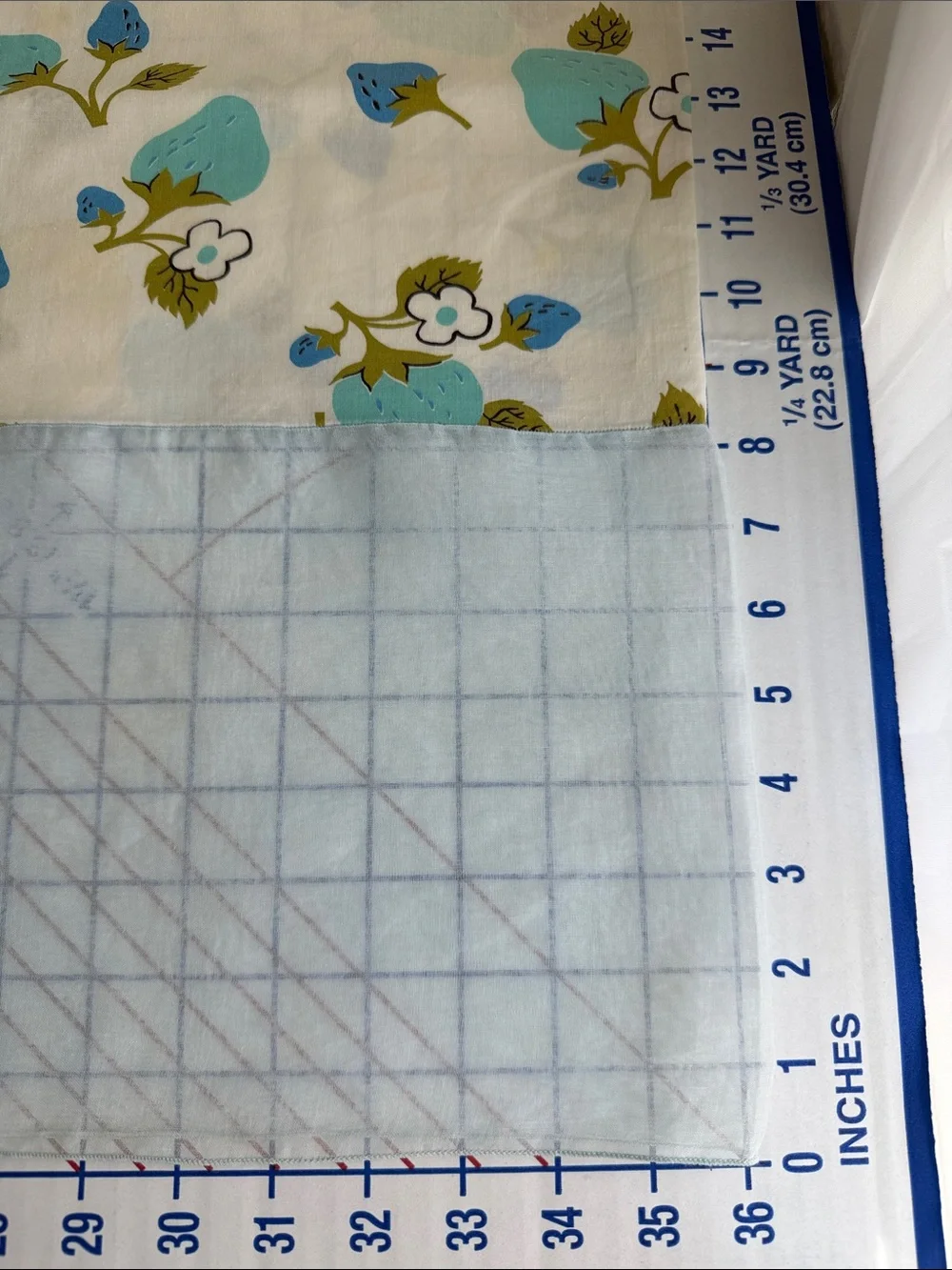Vintage Handmade Strawberry Tablecloth 50x50 Blue Organdy Border Mid Century